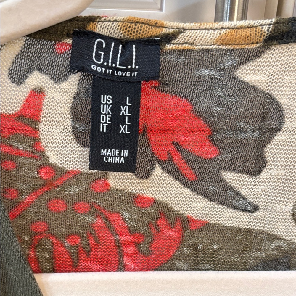 G.I.L.I. Red and Olive Leaf Print cardigan with Olive tank top L - Picture 2 of 4